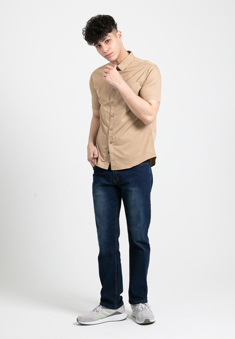 Forest Cotton Woven Casual Short Sleeve Plain Men Shirt | Baju Kemeja Lelaki  - 621356
