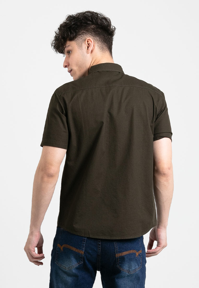 Forest Cotton Woven Casual Short Sleeve Plain Men Shirt | Baju Kemeja Lelaki  - 621356