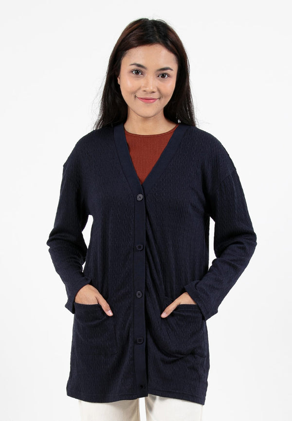 Forest Ladies Casual Basic Textured Long Sleeve Long Knit Cardigan with Pockets | Baju Perempuan - 830126