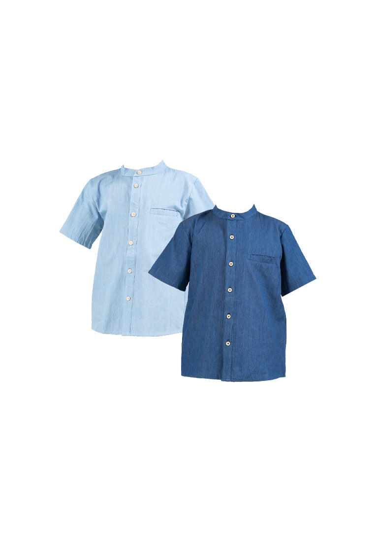 Forest Kids Boys Chambray Denim Mandarin Collar Short Sleeve Shirt | Baju Budak Lelaki Lengan Pendek - FK20260