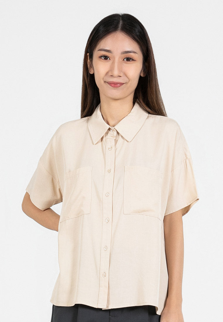 Forest Ladies Rayon Lyocell Pocket Shirt Women Short Sleeve Shirt | Baju Kemeja Perempuan - 822418