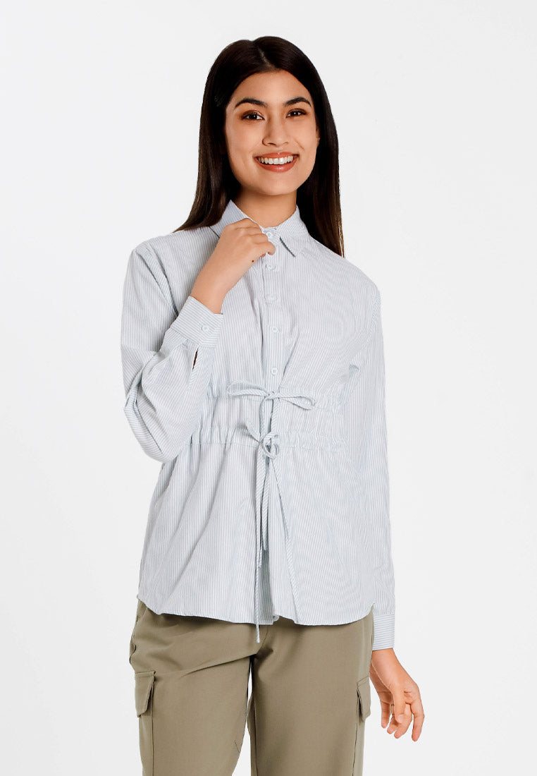 Forest Ladies Poly Cotton Striped Ribbon Shirt Women Long Sleeve Shirt | Baju Kemeja Perempuan - 822509