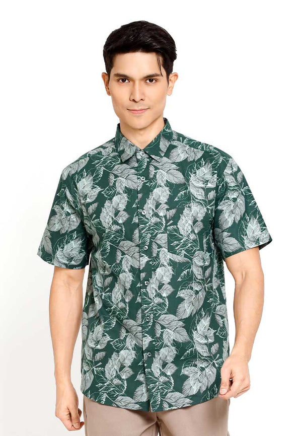 Forest Woven  Collar Full Floral Printed Short Sleeve Men Shirt | Baju Kemeja Lelaki - 621453