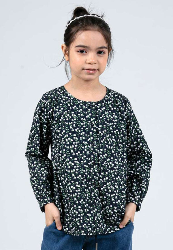 Forest Kids Girls Floral Pattern Cotton Button Blouse Woven Long Sleeve Top | Baju Budak Perempuan - FK820084