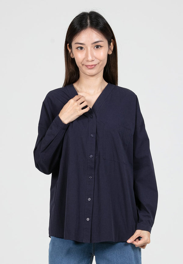 Forest Ladies Oversized Cotton Poplin V-Neck Blouse Women Long Sleeve Plain Blouse | Baju Perempuan -  822392