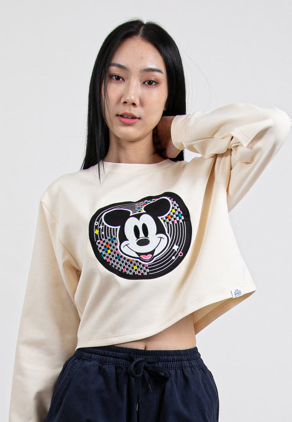Forest x Mickey Velvet Texture Embroidered Heavy Weight (260gsm) Oversized Long Sleeve Ladies Crop Top - FW820083