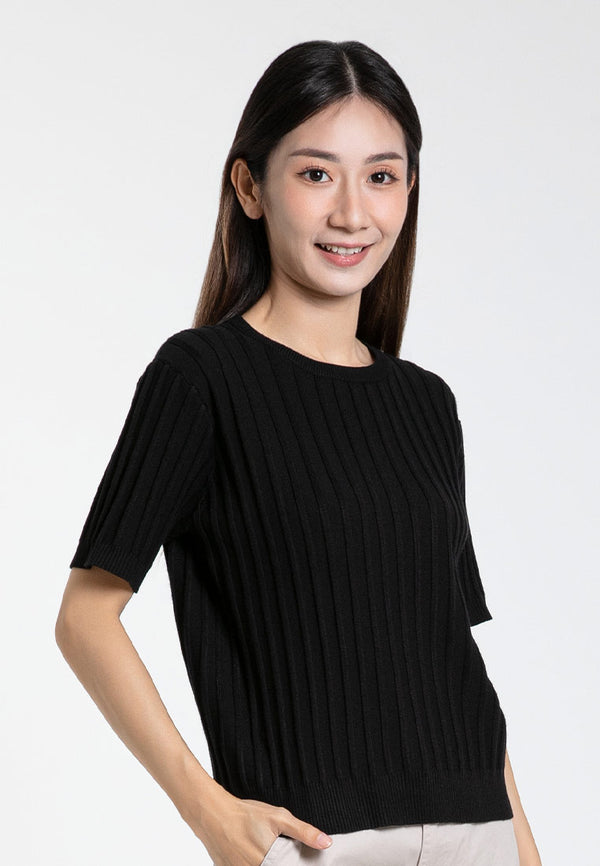 Forest Ladies Round Neck Striped Knit Top Women Short Sleeve Top - 822425