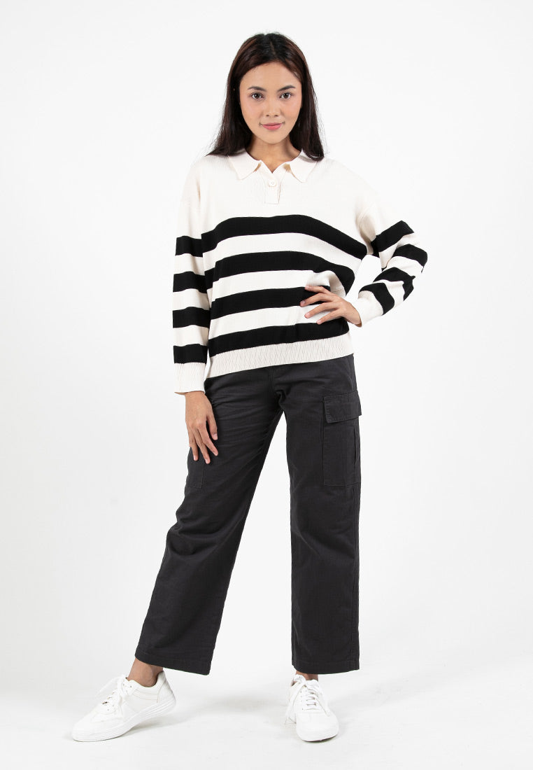 Forest Ladies Casual Striped Polo Long Sleeve Sweater Knit Top | Baju Lengan Panjang Perempuan - 822395