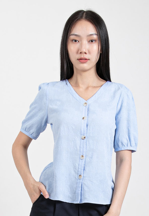 Forest Ladies Cotton Embroidery V Neck Button Front Short Sleeve Blouse - 822372