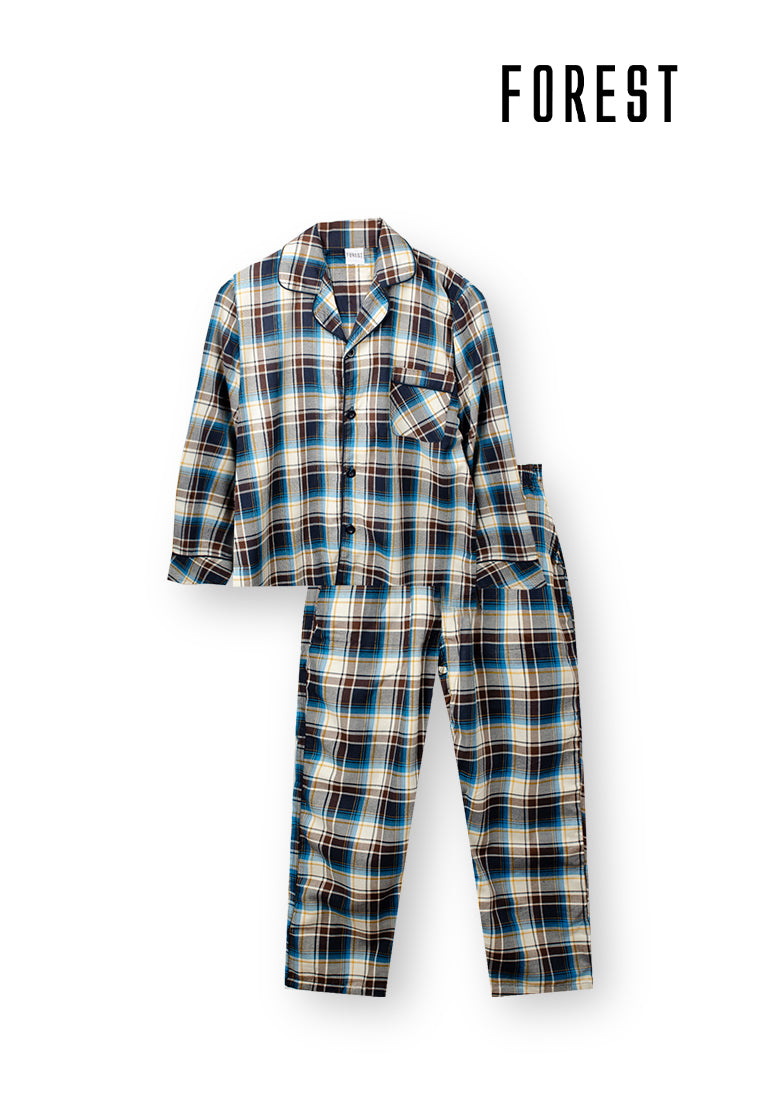 (1 Set) Forest Mens 100% Cotton Long Sleeve + Long Bottom Pyjamas - FPD0008LL