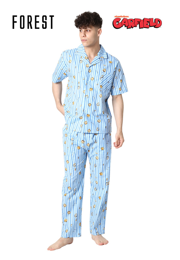 (1 Pc) Forest X Garfield Mens Woven Cotton Short Sleeve + Long Bottom Pyjamas - GPD0009SL