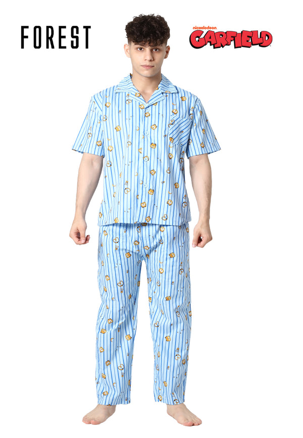 (1 Pc) Forest X Garfield Mens Woven Cotton Short Sleeve + Long Bottom Pyjamas - GPD0009SL