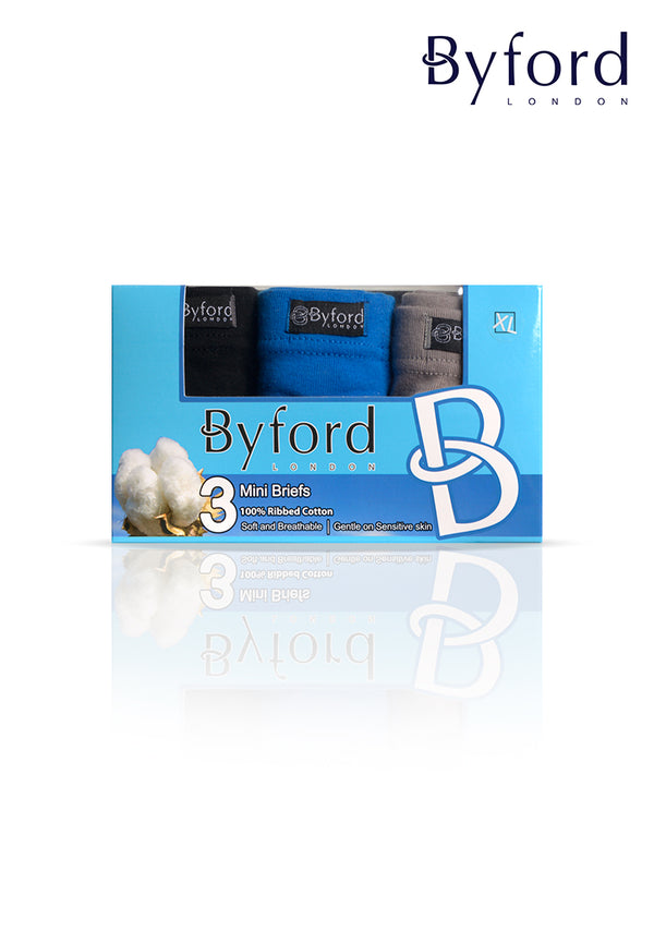 (3 Pcs) Byford Mens 100% Ribbed Cotton Mini Brief Underwear Assorted Colours - BUD5270M