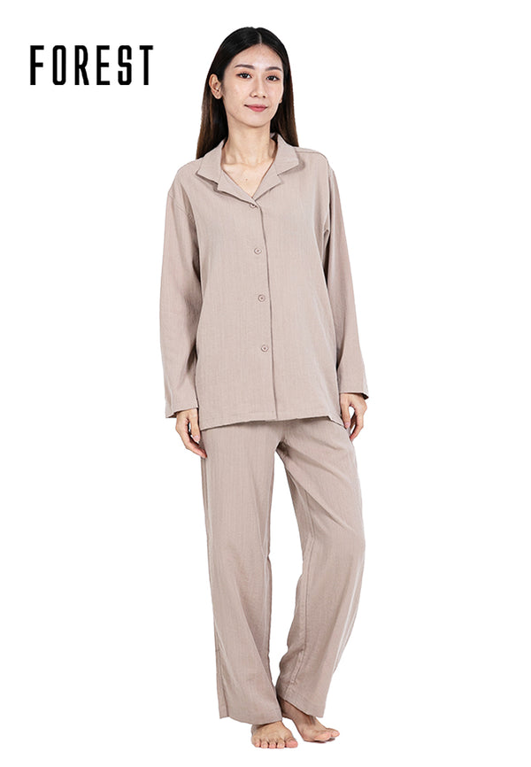 (1 Pc) Forest Ladies Linen Feel Cotton Long Sleeve Long Bottom Pyjamas - FPL0012LT / FPL0009L
