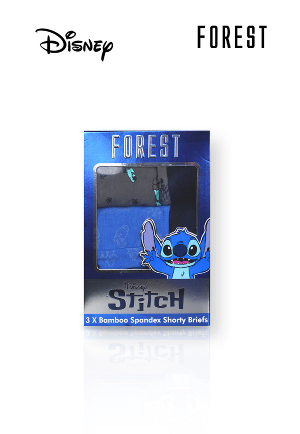 (3 Pcs) Forest X Disney Stitch Mens Bamboo Spandex Shorty Brief Underwear Assorted Colours - WUD0133S