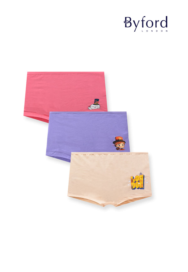 (3 Pcs) Byford Girls Cotton Spandex Boyleg Underwear Assorted Colours - BLJ0002BL