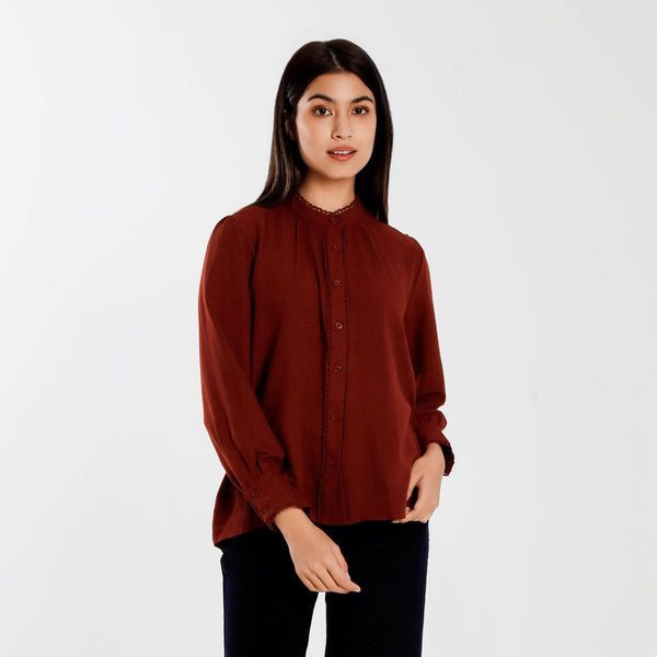 Forest Ladies Lace Trim Blouse Women Plain Long Sleeve Top| Baju Kemeja Perempuan - 822512