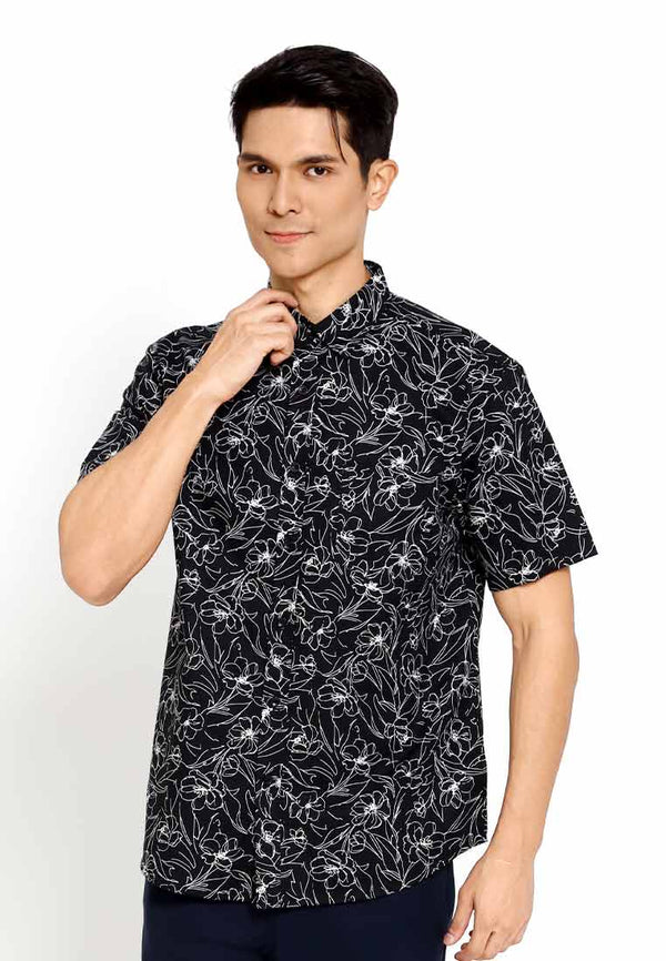 Forest Woven  Collar Full Floral Printed Short Sleeve Men Shirt | Baju Kemeja Lelaki - 621454