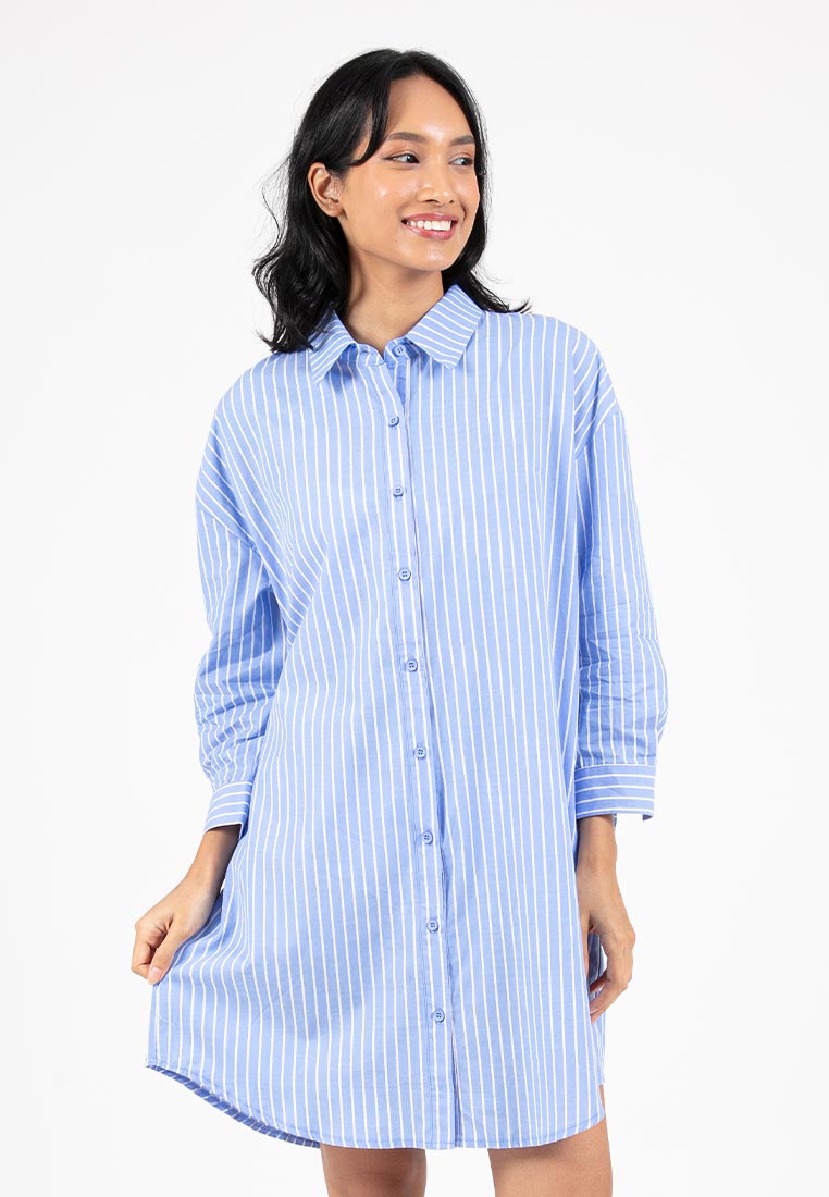 Forest Ladies Woven Long Sleeve Striped Oversized Shirt Tunic Dress | Baju Kemeja Perempuan - 822369