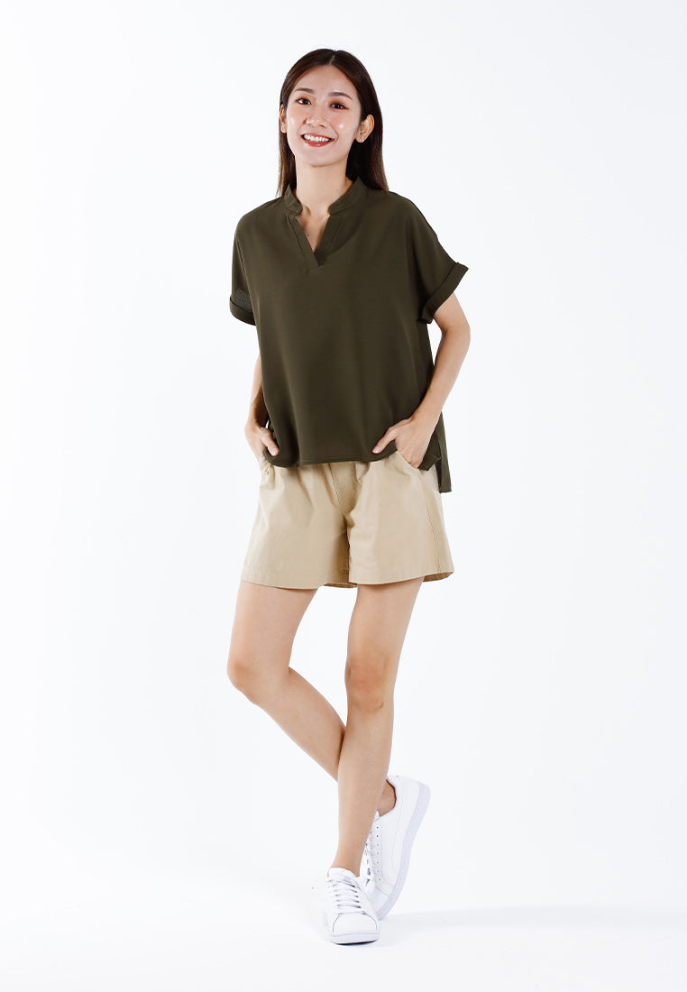 Forest Ladies Polyester Collar Plain Blouse Women Short Sleeve Blouse | Baju Perempuan - 822417