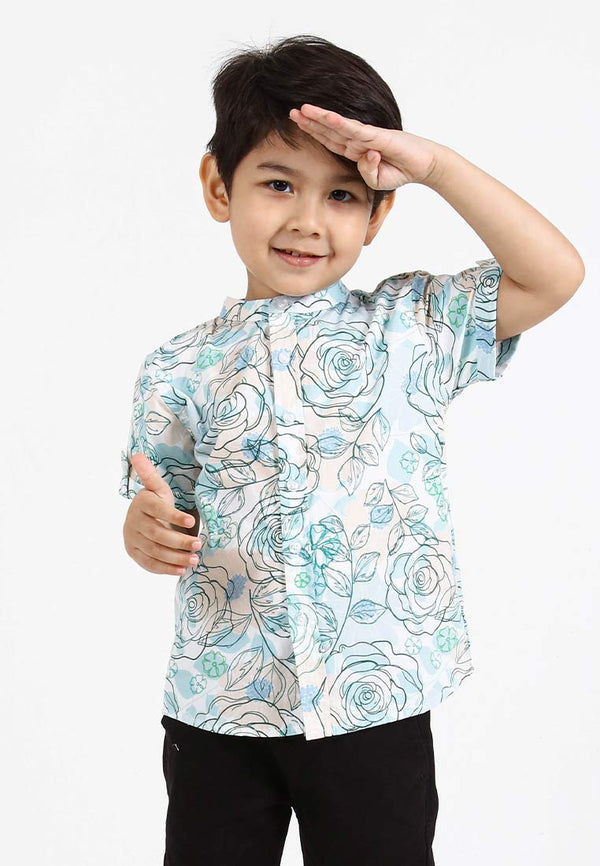 Forest Kids Woven Boy Stand Collar Floral Pattern Short Sleeve Shirt Kids l Baju Budak Lelaki - FK20139