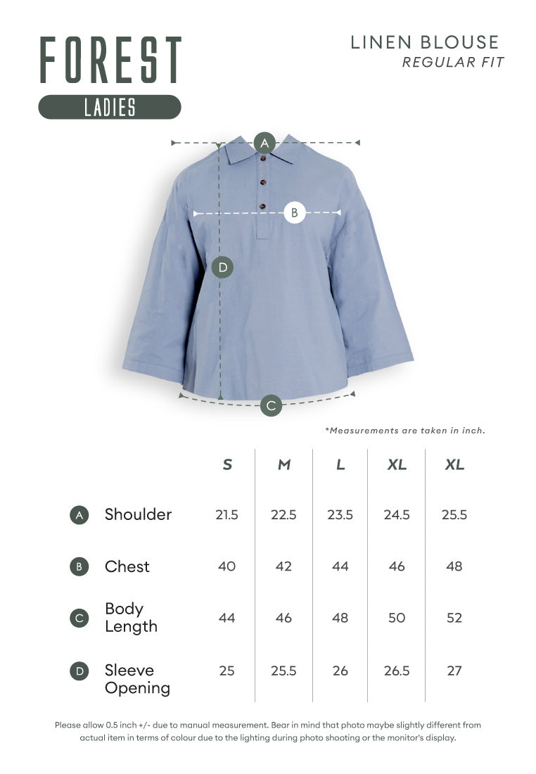 Forest Ladies Cotton Linen 3/4 Sleeve Collar Blouse Women Shirt | Baju Kemeja Perempuan Lengan Panjang - 822474