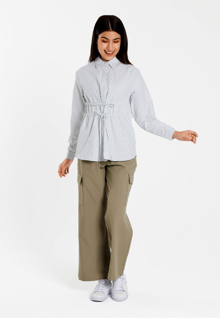 Forest Ladies Poly Cotton Striped Ribbon Shirt Women Long Sleeve Shirt | Baju Kemeja Perempuan - 822509