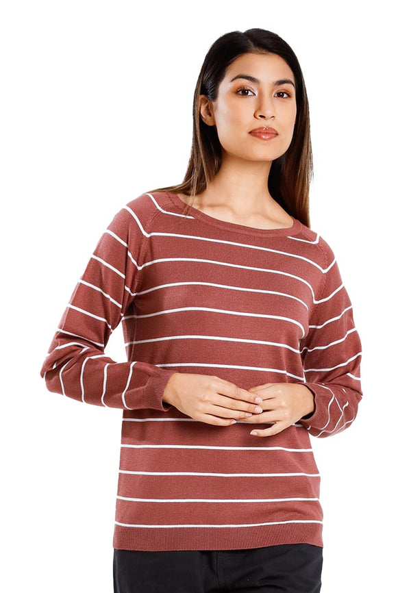 Forest Ladies Casual Striped Knit Top Women Long Sleeve Knitted Sweater | Baju Perempuan Lengan Panjang - 822445