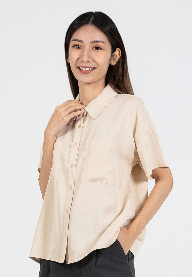 Forest Ladies Rayon Lyocell Pocket Shirt Women Short Sleeve Shirt | Baju Kemeja Perempuan - 822418