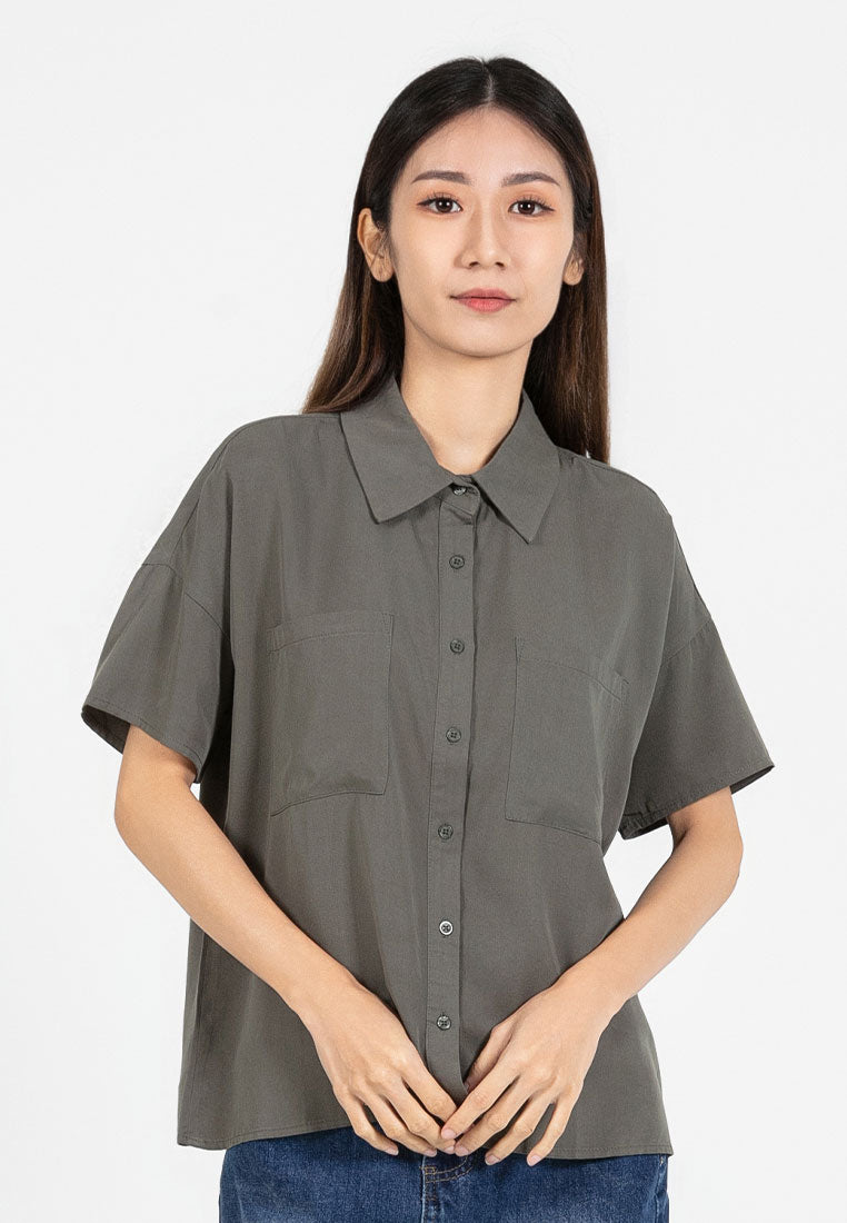 Forest Ladies Rayon Lyocell Pocket Shirt Women Short Sleeve Shirt | Baju Kemeja Perempuan - 822418