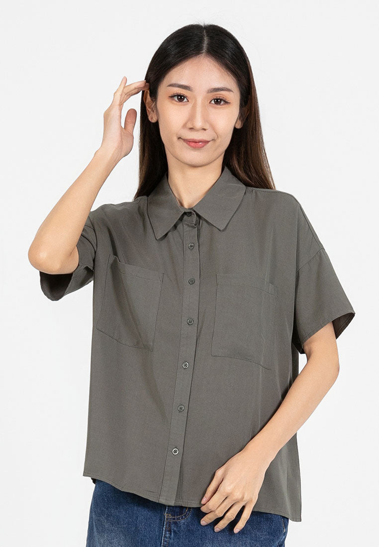 Forest Ladies Rayon Lyocell Pocket Shirt Women Short Sleeve Shirt | Baju Kemeja Perempuan - 822418