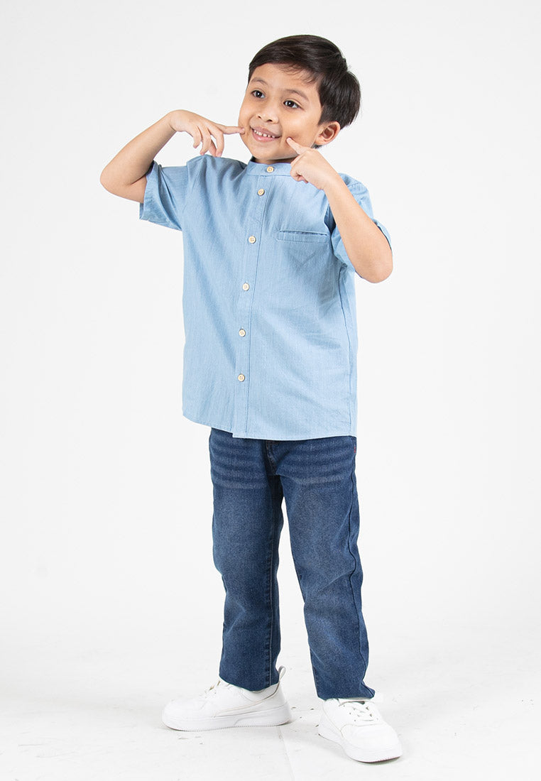 Forest Kids Boys Chambray Denim Mandarin Collar Short Sleeve Shirt | Baju Budak Lelaki Lengan Pendek - FK20260