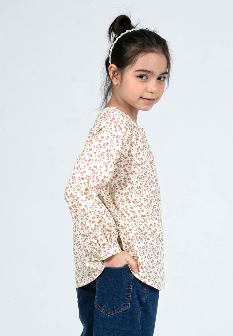 Forest Kids Girls Floral Pattern Cotton Button Blouse Woven Long Sleeve Top | Baju Budak Perempuan - FK820084