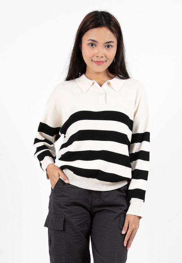 Forest Ladies Casual Striped Polo Long Sleeve Sweater Knit Top | Baju Lengan Panjang Perempuan - 822395