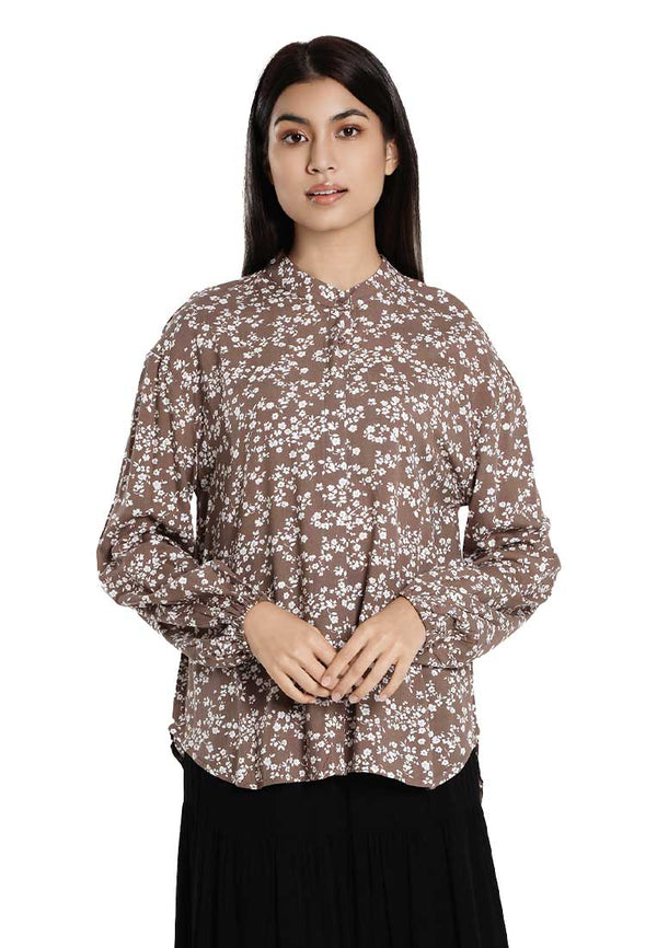 Forest Ladies Floral Pattern Button Rayon Blouse Women Long Sleeve Blouse | Baju Perempuan - 822487