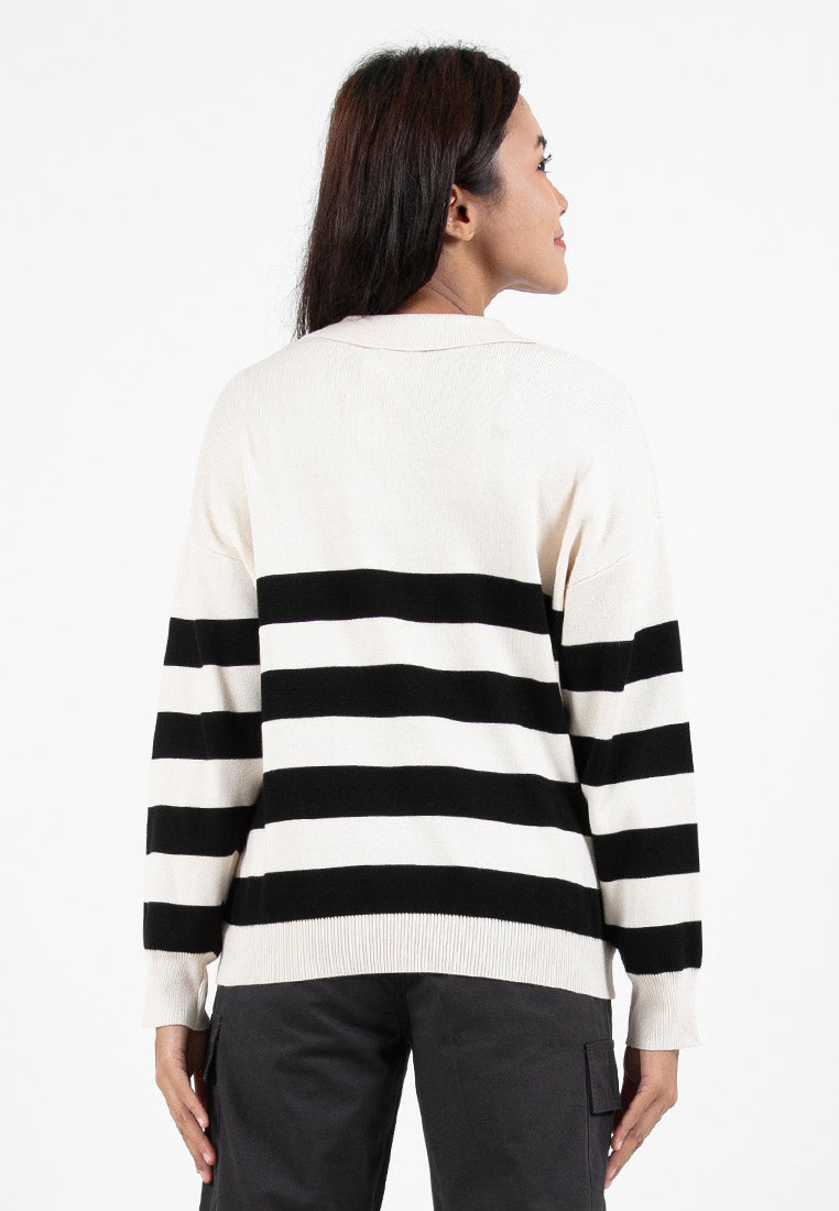 Forest Ladies Casual Striped Polo Long Sleeve Sweater Knit Top | Baju Lengan Panjang Perempuan - 822395