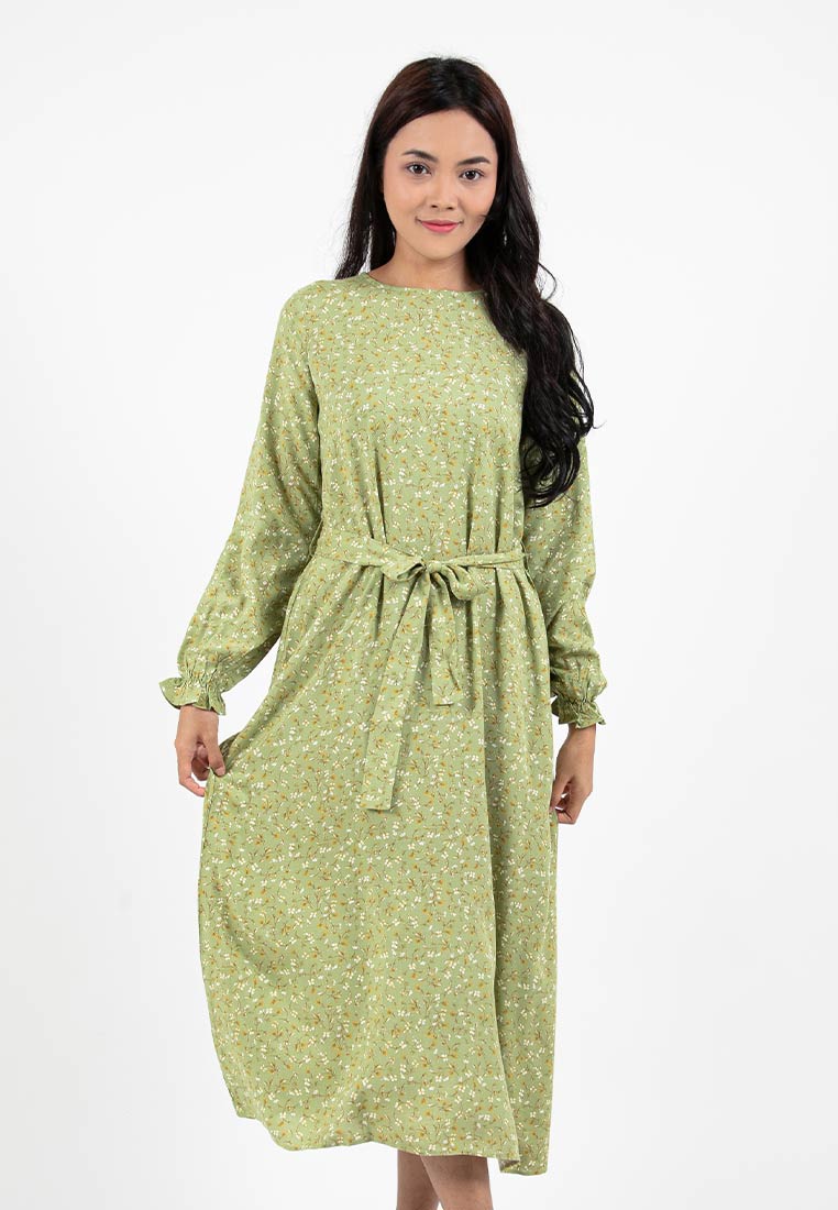 Forest Ladies Rayon Floral Pattern Long Sleeve Midi Dress Women Dress | Baju Lengan Panjang Perempuan - 885072