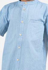 Forest Kids Boys Chambray Denim Mandarin Collar Short Sleeve Shirt | Baju Budak Lelaki Lengan Pendek - FK20260