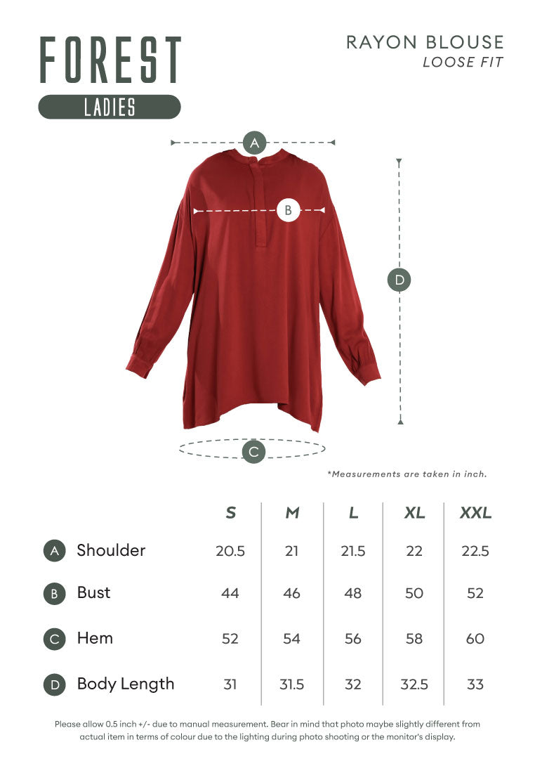 Forest Ladies Rayon Oversized Band Collar Plain Blouse Women Long Sleeve Tunic | Baju Perempuan - 822505