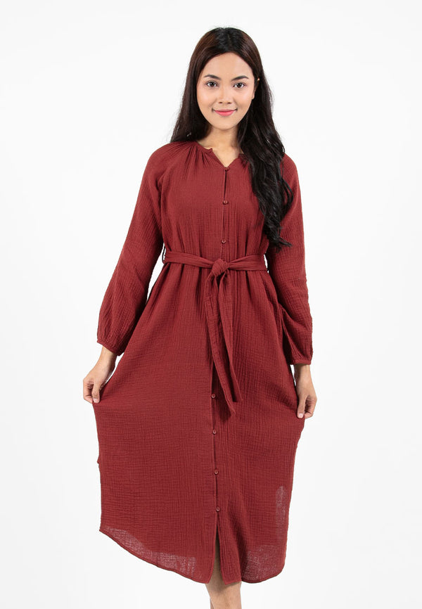 Forest Ladies Cotton Gauze Long Sleeve Belted Midi Dress | Baju Lengan Panjang Perempuan - 885073