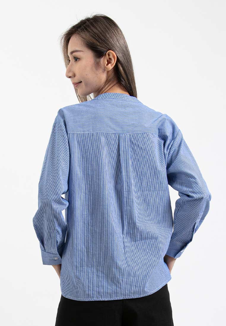 Forest Ladies Cotton Band Collar Striped Long Sleeve Shirt | Baju Kemeja Perempuan Lengan Panjang - 822360