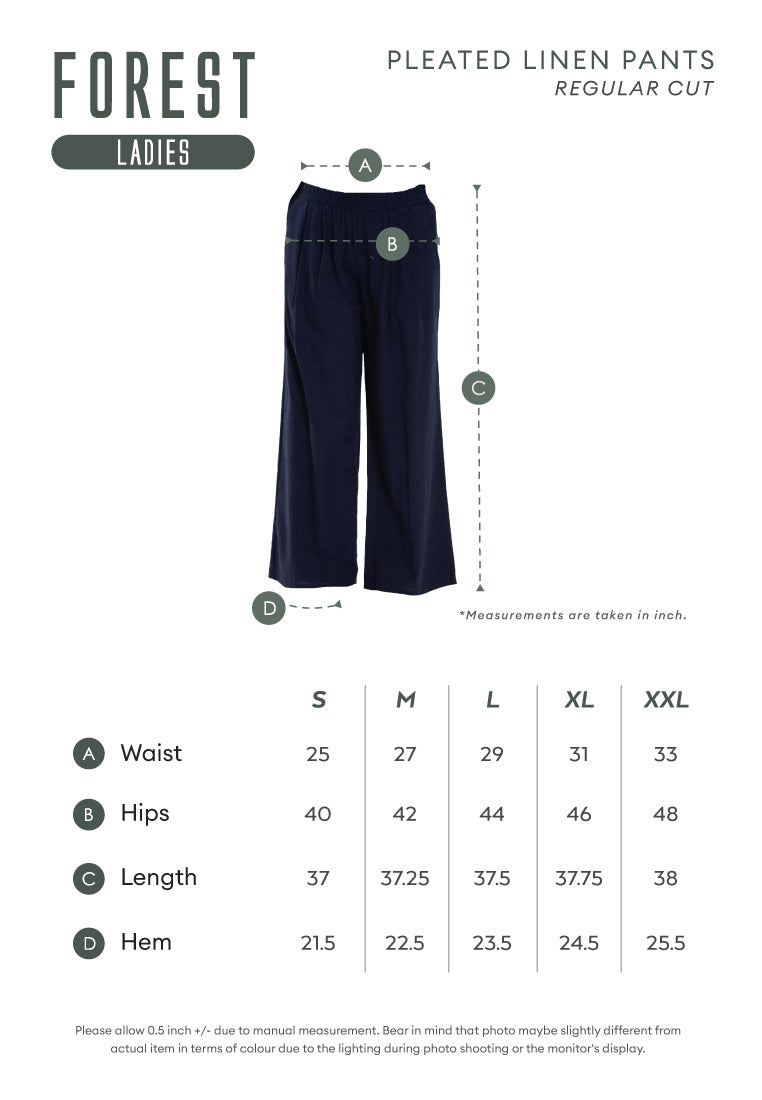 Forest Ladies Cotton Linen Pleated Wide Leg Pants Women Elastic Waist Long Pants | Seluar Panjang Palazzo - 810514