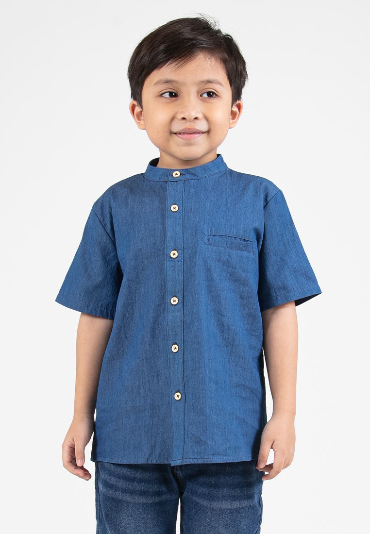 Forest Kids Boys Chambray Denim Mandarin Collar Short Sleeve Shirt | Baju Budak Lelaki Lengan Pendek - FK20260