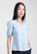 Forest Ladies Cotton Embroidery V Neck Button Front Short Sleeve Blouse - 822372