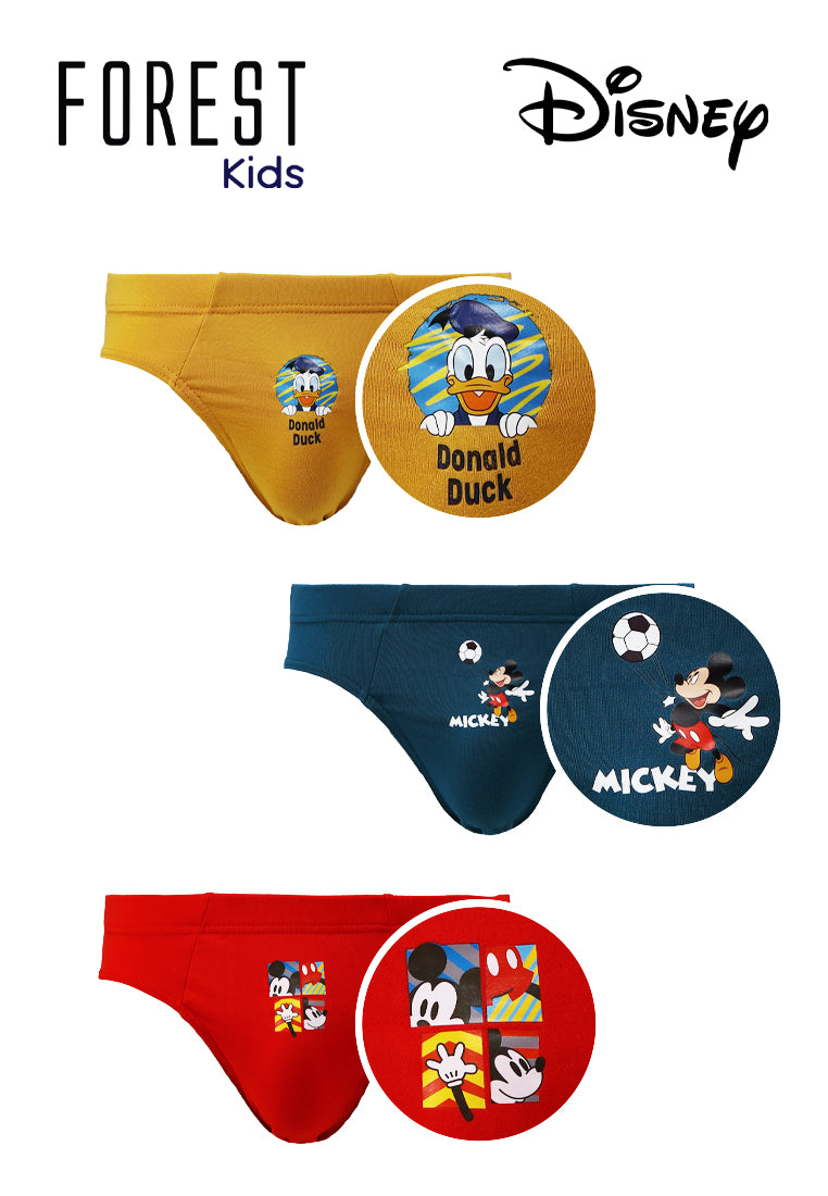 (3 Pcs) Forest X Disney- Mickey Mouse and friends Kids Microfibre Spandex Mini Brief Underwear Assorted Colours - WUJ0013M