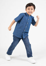 Forest Kids Boys Chambray Denim Mandarin Collar Short Sleeve Shirt | Baju Budak Lelaki Lengan Pendek - FK20260