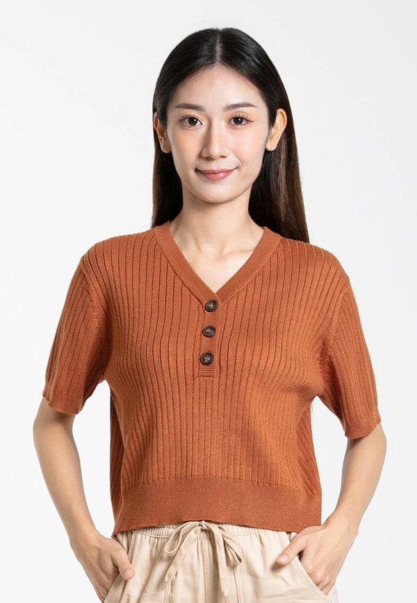 Forest Ladies Button V-Neck Knit Top Women Short Sleeve Cropped Top - 822424