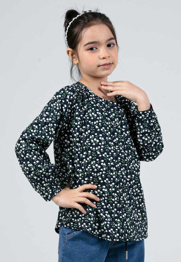 Forest Kids Girls Floral Pattern Cotton Button Blouse Woven Long Sleeve Top | Baju Budak Perempuan - FK820084