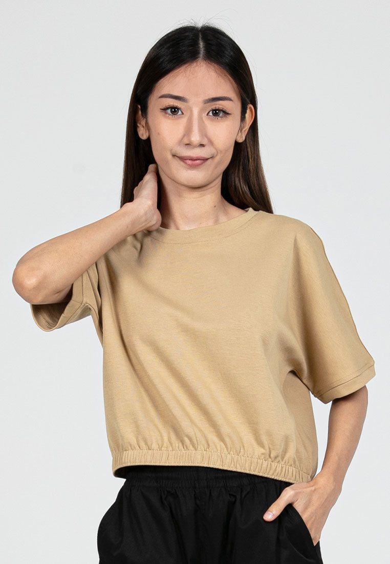 Forest Ladies Cotton Interlock Short Sleeve Round Neck Plain Top Women Casual Elastic Hem T-Shirt - 822409