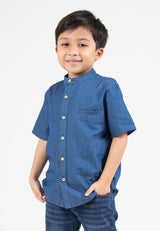 Forest Kids Boys Chambray Denim Mandarin Collar Short Sleeve Shirt | Baju Budak Lelaki Lengan Pendek - FK20260